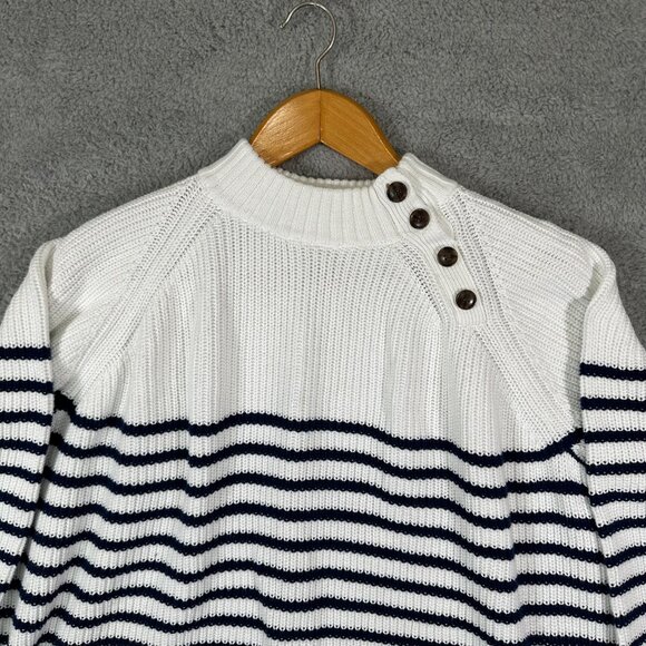 J. Crew Striped Button Mockneck Cotton Pullover Sweater White Blue XXL - Picture 3 of 10